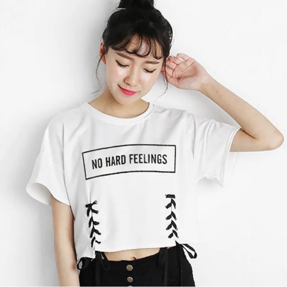 “No Hard Feelings” White Crop Tee Black Lace-up